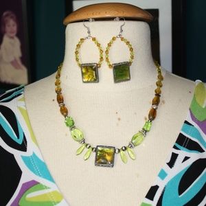 SOLD -Green & Yellow Glass Necklace and Earrings